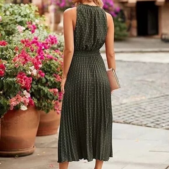 PRETTYGARDEN Women's Sleeveless V Neck Midi Dress, Swiss Dot, Ruffle, Army Green - Picture 3 of 3